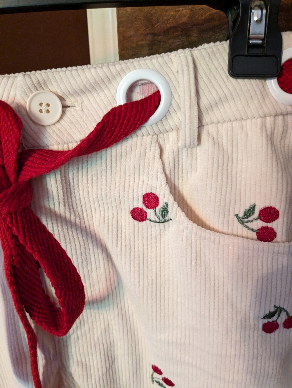 Cider Corduroy Mid Rise Cherry Embroidery Barrel Leg Trousers - Picture 6 of 11